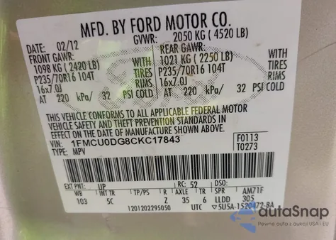 2012 Ford Escape Xlt from USA, damaged, VIN 1FMCU0DG8CKC17843